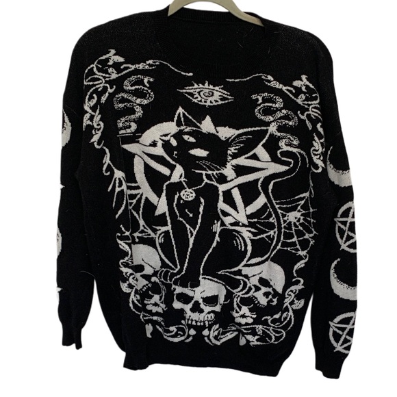 Romwe Cat Skulls Witchy Goth Black Pullover Sweater - Picture 1 of 7